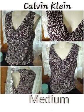 Calvin Klein Sleeveless Cowlneck Medium Animal Print Eggplant Black Taupe
